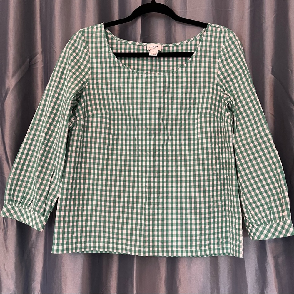 J. Crew Seersucker Green and White Gingham Blouse